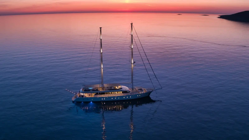 Custom Line 143 Aurum Sky yacht sailing in the night on the adriatic sea