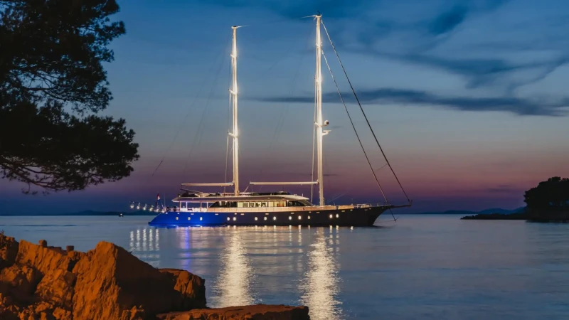 Custom Line 143 Aurum Sky yacht near Dalmatian Coast in the night