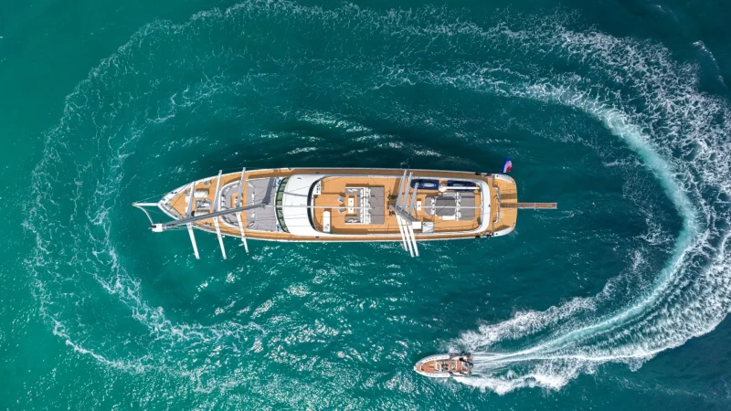 Custom Line 143 Aurum Sky yacht anchored in Adriatic, birds eye view