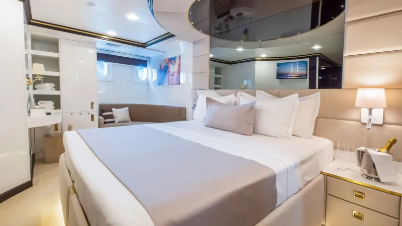 Custom Line 143 Aurum Sky yacht bedroom, king size bed