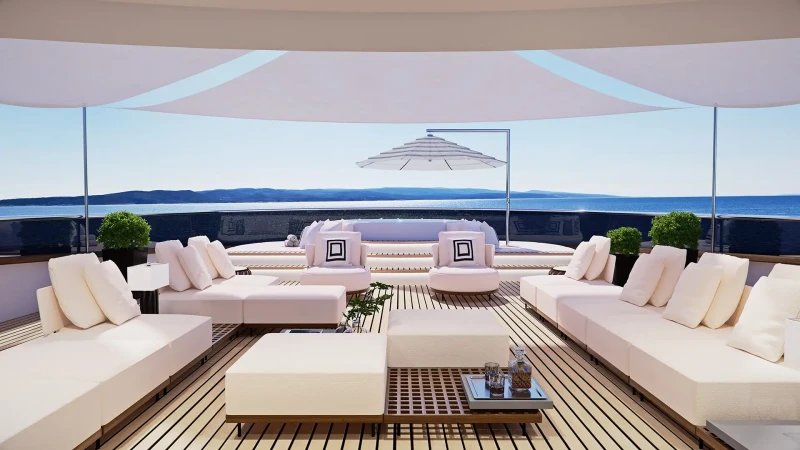 Custom-made Black Swan yacht, exterior, sunbeds and jacuzzi