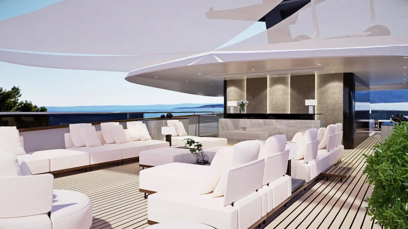 Custom-made Black Swan yacht, exterior, sunbeds