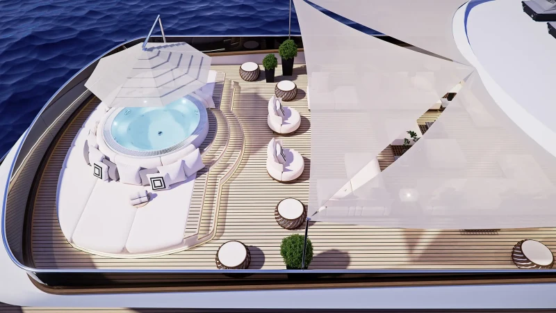 Custom-made Black Swan, birds eye view of sunbeds and jacuzzi