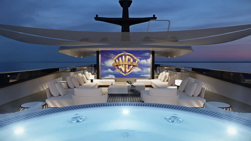 Custom-made Black Swan yacht, jacuzzi, seating area and projector