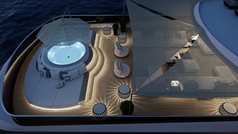 Custom-made Black Swan yacht, birds eye view of sunbeds and jacuzzi at night
