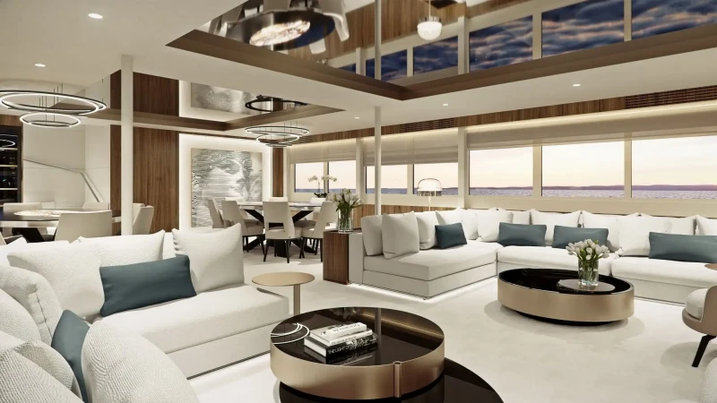 Custom-made Black Swan yacht, interior, bar and seating area