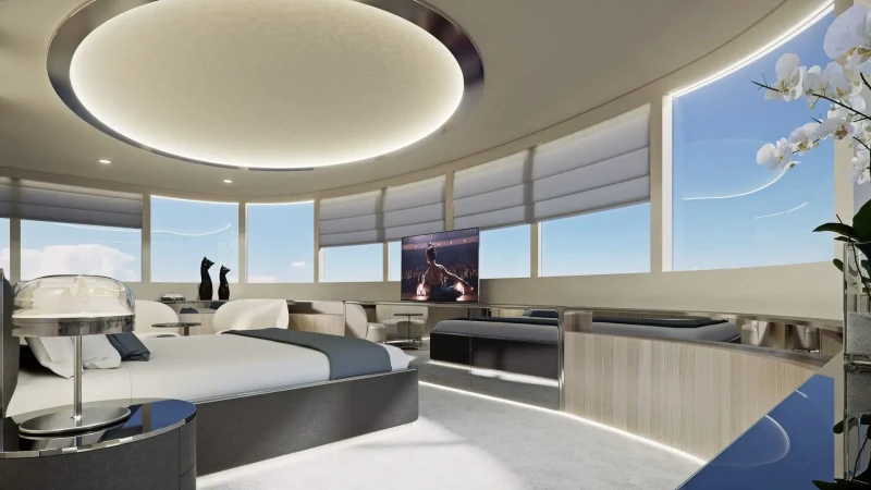 Custom-made Black Swan yacht, interior, king size bed