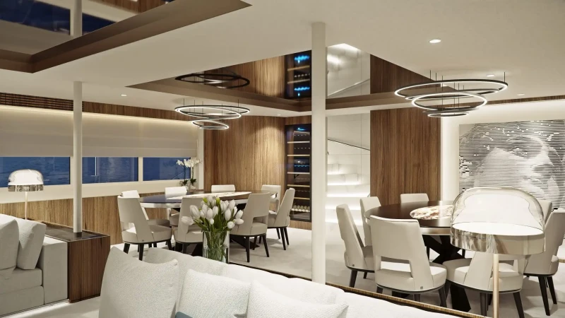 Custom-made Black Swan yacht, dining area, interior