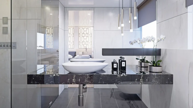 Custom-made Black Swan yacht, bathroom, sink, interior