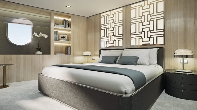 Custom-made Black Swan yacht, room, king size bed, books
