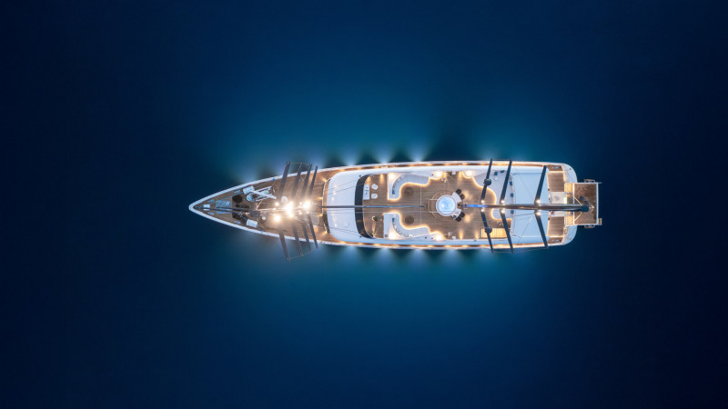Aerial view of a luxury yacht at night