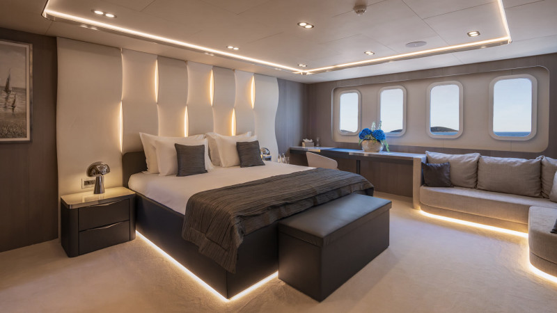 Modern and elegant yacht bedroom with ambient lighting