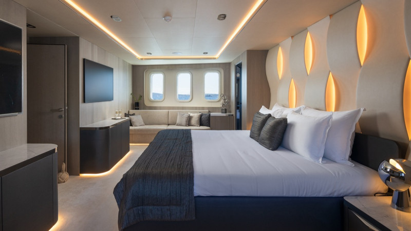 yacht bedroom with ocean view windows